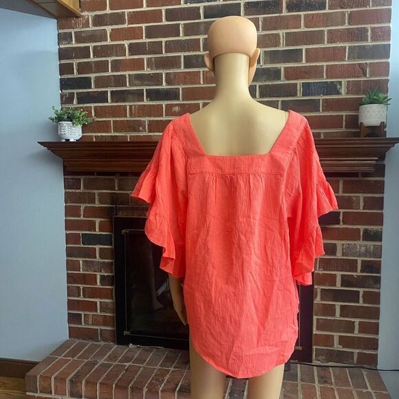 Terra & Sky Women’s‎ Plus Size 0X 14W Coral Orange Square Neck Blouse Ruffle New - Picture 2 of 16